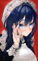 1girl adjusting_eyewear apron artist_name black_dress blue_eyes blue_hair blush braid breasts closed_mouth commentary dress embroidery english_commentary fingernails frilled_hat frills glasses hair_between_eyes hair_intakes hand_on_eyewear hat highres hololive hololive_english large_breasts lattemeowcatto long_fingernails long_sleeves looking_at_viewer low_twin_braids maid maid_apron mob_cap official_alternate_costume official_alternate_hairstyle ouro_kronii ouro_kronii_(maid) red_background round_eyewear simple_background solo twin_braids upper_body virtual_youtuber white_apron white_hat