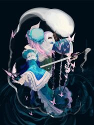 2girls absurdres black_hairband black_ribbon blue_dress blue_hat bug butterfly dress floral_print frilled_sleeves frills green_skirt hair_intakes hair_ribbon hairband hat highres holding holding_sword holding_weapon insect japanese_clothes kimono konpaku_youmu konpaku_youmu_(ghost) lace-trimmed_sleeves lace_trim long_hair long_sleeves mob_cap multiple_girls pink_hair print_kimono ribbon saigyouji_yuyuko short_hair skirt sword touhou veil weapon white_hair wide_sleeves xian_qishui