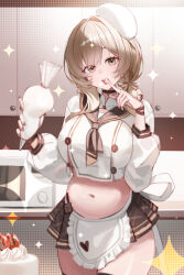 1girl absurdres apron beret black_choker black_thighhighs bow bready_(nikke) brown_bow brown_eyes brown_hair brown_neckerchief brown_sailor_collar brown_skirt cabinet cake choker commentary cowboy_shot cream cream_on_face cream_on_hands crop_top crop_top_overhang curvy double-parted_bangs finger_to_mouth food food_on_face fruit goddess_of_victory:_nikke hair_bow hair_over_shoulder hands_up hat heart highres holding holding_pastry_bag indoors kitchen long_hair long_sleeves looking_at_viewer low_twintails microwave miniskirt navel neckerchief open_mouth partially_unbuttoned pastry_bag plump sailor_collar shirt sidelocks simsimhea skirt solo sparkle stomach strawberry symbol-only_commentary teeth thighhighs tongue twintails upper_teeth_only waist_apron whipped_cream white_hat white_shirt zettai_ryouiki
