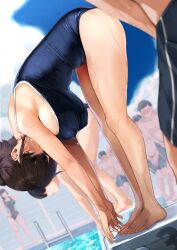 3girls 5boys armpits ass bald bare_legs bent_over black_hair black_one-piece_swimsuit blowing_whistle blue_one-piece_swimsuit blue_sky blue_swim_trunks blunt_bangs blurry blush breasts brown_eyes brown_hair clenched_teeth cloud commentary_request covering_crotch covering_privates depth_of_field dutch_angle faceless faceless_female faceless_male fence from_side hair_bun half_updo hand_up hanging_breasts highres jovejun knees_together_feet_apart large_breasts long_hair looking_at_another male_swimwear merchandise_available multiple_boys multiple_girls nose_blush one-piece_swimsuit original outdoors pool pool_ladder shiny_skin short_hair sideboob sidelocks sideways_glance sky smile solo_focus starting_block strap stretching swept_bangs swim_trunks swimsuit teeth thick_eyebrows tsubomioka_happa v-shaped_eyebrows water water_drop wet