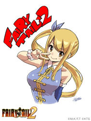 Rule 34 | 1girl, bare shoulders, blonde hair, blue ribbon, blue shirt, breasts, brown eyes, closed mouth, collared shirt, commentary, copyright name, copyright notice, cropped torso, detached sleeves, english commentary, fairy tail, hair ribbon, highres, large breasts, long hair, looking at viewer, lucy heartfilia, mashima hiro, ribbon, scrunchie, second-party source, shirt, sidelocks, signature, simple background, single detached sleeve, sleeveless, sleeveless shirt, smile, solo, v, white background, white scrunchie, wrist scrunchie