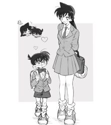 1boy 1girl ba_ko backpack bag blush bow bowtie chibi chibi_inset collared_shirt cowlick edogawa_conan full_body glasses greyscale hair_between_eyes highres holding holding_bag jacket long_hair loose_socks meitantei_conan monochrome mouri_ran necktie open_mouth pleated_skirt school_uniform shirt shoes short_hair size_difference skirt smile sneakers socks spiked_hair suit_jacket walking white_shirt
