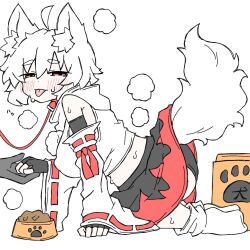 1girl animal_ear_fluff animal_ears black_gloves black_panties black_skirt blush bowl breasts closed_mouth commentary_request covered_erect_nipples detached_sleeves elbow_gloves fingerless_gloves full_body fumomono gloves highres holding_hands inubashiri_momiji large_breasts leash looking_at_viewer no_shoes panties pet_bowl pet_food pet_play pom_pom_(clothes) red_eyes red_skirt ribbon-trimmed_sleeves ribbon_trim shirt short_hair simple_background skirt sleeveless sleeveless_shirt smile socks solo_focus sweat tail tongue tongue_out touhou turtleneck turtleneck_shirt two-tone_skirt underwear white_background white_hair white_shirt white_sleeves white_socks wolf_ears wolf_girl wolf_tail