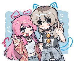 Rule 34 | 2girls, bang dream!, bang dream! it&#039;s mygo!!!!!, blush, fang, girls band cry, grey eyes, grey hair, kawaragi momoka, long hair, long sleeves, multiple girls, one eye closed, open mouth, pink hair, tutai