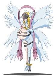 angel angel_wings angewomon bad_id blonde_hair covered_eyes cross digimon digimon_(creature) digimon_adventure feathered_wings floating happy helmet highres holy medium_hair pink_shawl praying pregnant shawl smile spooky-gh0st tailmon wings