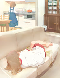 Rule 34 | 22m, 2girls, barefoot, bedwetting, brown hair, cooking, couch, fetal position, gym shirt, gym shorts, gym uniform, highres, indoors, kitchen, lying, multiple girls, on side, original, pee, pee stain, peeing, peeing self, puddle, red shorts, shirt, short sleeves, shorts, skirt, sleeping, slippers, stain, stained clothes, stained shirt, stained shorts, steam, suspender skirt, suspenders, table, wet, wet clothes, wet shirt, wet shorts, white shirt