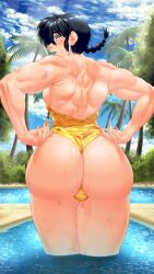 1boy adjusting_clothes adjusting_swimsuit black_hair braid bulge cropped_legs crossdressing fingernails from_behind highres leaning_forward long_fingernails male_focus muscular muscular_arms muscular_back muscular_male one-piece_swimsuit outdoors palm_tree partially_submerged pectorals pool ranma_1/2 saotome_ranma single_braid solo suiren_ciao swimsuit tree wet yellow_one-piece_swimsuit