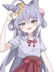 absurdres ahoge blue_eyes blush cone_hair_bun fang hair_bun hair_ornament hair_rings heterochromia highres ies_0 long_hair looking_at_viewer multicolored_hair pom_pom_(clothes) pom_pom_hair_ornament purple_hair simple_background solo stellive streaked_hair sweat tenko_shibuki virtual_youtuber white_background yellow_eyes