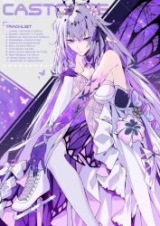 1girl absurdres aer007580 album_cover alternate_footwear breasts castorice_(honkai:_star_rail) character_name collar commentary cover dress english_commentary flower frilled_collar frills hair_flower hair_ornament highres honkai:_star_rail honkai_(series) large_breasts legwear_cutout long_hair multicolored_hair parted_lips pointy_ears purple_eyes purple_hair shoes sleeveless sleeveless_dress solo thighhighs two-tone_hair white_dress white_shoes white_thighhighs