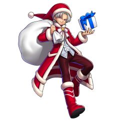 1boy artist_request bag boots bow box christmas coat coat_bow dragon_quest dragon_quest_rivals dragon_quest_vi floating_clothes full_body fur-trimmed_boots fur-trimmed_coat fur-trimmed_headwear fur_trim game_cg gift gift_box hat highres holding holding_gift looking_at_viewer looking_to_the_side male_focus official_alternate_costume official_art pants parted_bangs purple_eyes red_boots red_coat red_hat red_pants santa_hat shirt short_hair smirk solo striped_bow terry_(dq6) third-party_source white_bow white_hair white_shirt white_trim