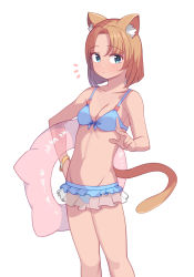 1girl animal_ear_fluff animal_ears bare_arms bare_shoulders bikini blue_bikini blue_eyes breasts brown_hair cat_ears cat_girl cat_tail collarbone groin hand_on_own_hip highres holding holding_swim_ring innertube looking_at_viewer medium_hair navel original saiste simple_background small_breasts solo stomach swim_ring swimsuit tail white_background