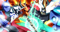 absurdres android arm_blade arm_cannon armor battle blank_eyes blue_eyes cape claws commentary commission commissioner_upload digimon digimon_(creature) digimon_adventure dual_wielding duel energy_blade energy_sword english_commentary glowing helmet highres holding horns innovator123 mega_man_(series) mega_man_zero_(series) monster no_humans omega_(mega_man) omegamon red_cape spikes sword weapon yellow_eyes