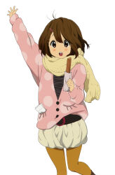 1girl absurdres anime_coloring arm_up belt black_belt black_shirt bob_cut braided_sidelock brown_eyes brown_hair brown_pantyhose cardigan cardigan_partially_tucked_in churro cowboy_shot double-parted_bangs food hair_ornament hairclip hand_up happy highres hirasawa_yui holding holding_food holding_pastry_bag horiguchi_yukiko k-on! k-on!_movie long_sleeves looking_ahead o-ring o-ring_belt official_art open_hand open_mouth pantyhose paper partially_unbuttoned pastry_bag pink_cardigan pocket polka_dot polka_dot_cardigan puffy_shorts raised_eyebrows scan scarf shirt shorts simple_background solo striped_clothes striped_shirt tachi-e teeth upper_teeth_only waving white_background white_shorts x_hair_ornament yellow_scarf