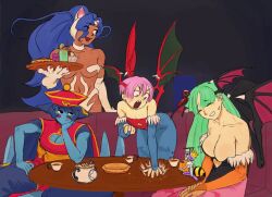 5girls angry bare_shoulders bat_wings blue_hair blue_skin blush_stickers booth_seating bored breasts cleavage cleavage_cutout closed_eyes clothing_cutout colored_skin drink elbow_gloves felicia_(darkstalkers) food gloves green_hair hpargonohp large_breasts hsien-ko lilith_(darkstalkers) long_hair morrigan_aensland multiple_girls navel pink_hair q-bee short_hair sitting sleeveless small_breasts table darkstalkers wings