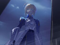 1girl ahoge are_you_my_master armor armored_dress artoria_pendragon_(fate) blonde_hair blue_dress commentary_request dress expressionless fate/stay_night fate_(series) from_below green_eyes looking_at_viewer night saber_(fate) sketch sky solo ubwmitekure upper_body