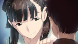 1boy 1girl aged_down bad_tag blue_stripes blunt_bangs brown_eyes brown_hair child chuo_tanegashima_high_school_uniform cropped_shirt from_behind fukuda_tomonori game_cg hand_on_another&#039;s_shoulder highres looking_at_another nape non-web_source official_art pleated_skirt ponytail red_hair robotics;notes sailor_collar school_uniform senomiya_misaki shirt short_hair short_sleeves skirt smile smug very_short_hair white_sailor_collar white_shirt yashio_kaito