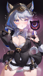 1girl :o ? absurdres animal_ear_fluff animal_ears animal_hood black_gloves black_leotard blue_eyes blush breasts cat_ears cat_girl cat_hood cat_tail cipher_(honkai:_star_rail) cleavage coin cowboy_shot feibai fingerless_gloves gloves grey_hair heart heart-shaped_pupils highres honkai:_star_rail honkai_(series) hood hypnosis large_breasts leotard mind_control missing_commentary short_hair_with_long_locks shorts solo symbol-shaped_pupils tail thighs two-tone_background white_shorts