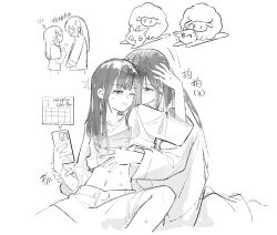 2girls aoki_hina blush cellphone chinese_commentary chinese_text commentary_request greyscale height_difference highres holding holding_another&#039;s_wrist holding_phone jhon_trick long_hair monochrome multiple_girls navel open_mouth phone protected_link real_life shirt shorts sidelocks simple_background smartphone sweat translation_request voice_actor white_background youmiya_hina yuri