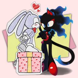 1boy 1girl animal_ears blaze_the_cat blaze_the_cat_(beta_design) blue_eyes cat_ears cat_tail closed_eyes english_text furry furry_female furry_male gift hand_on_another&#039;s_chin heart height_difference high_heels highres imminent_kiss necktie paper_cutout prototype_design rabbit_ears red_necktie simple_background sonic_(series) sonic_the_hedgehog sonic_the_hedgehog_(beta_design) spidercheetos tail