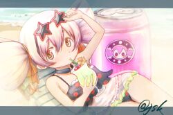 1girl alternate_hairstyle beach drinking_straw highres juudo_ni_seiheki_kojireta_madoka_suki looking_at_viewer lying mahou_shoujo_madoka_magica mahou_shoujo_madoka_magica:_hangyaku_no_monogatari momoe_nagisa momoe_nagisa_(swimsuit_ver.) on_back solo star-shaped_eyewear star_(symbol) sunglasses
