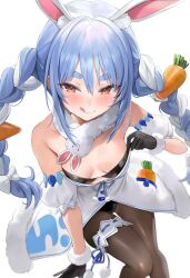 1girl animal_ear_fluff animal_ears bare_shoulders black_leotard black_pantyhose blue_hair blush braid breasts carrot_hair_ornament don-chan_(usada_pekora) dress food-themed_hair_ornament fur-trimmed_dress fur_trim gloves hair_ornament hololive leotard leotard_under_clothes looking_at_viewer multicolored_hair orange_eyes pantyhose preview_(preview0) rabbit_ears rabbit_girl short_eyebrows small_breasts smile solo twin_braids two-tone_hair usada_pekora usada_pekora_(1st_costume) virtual_youtuber white_dress