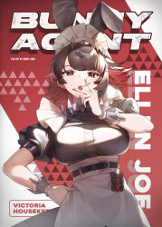 1girl absurdres animal_ears artist_name black_hair breasts candy character_name collar colored_inner_hair ellen_joe english_text fins fish_tail food food_in_mouth hairband hand_on_own_hip highres large_breasts lollipop looking_at_viewer maid_headdress metal_collar metal_hairband mole mole_under_eye multicolored_hair open_mouth rabbit_ears red_eyes red_hair shark_girl shark_tail short_hair siriuflong solo spiked_collar spikes tail wristband zenless_zone_zero