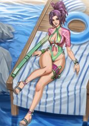 1girl absurdres breasts curvy darellworks high_ponytail highleg highleg_one-piece_swimsuit highres large_breasts long_hair looking_at_viewer marvel marvel_rivals one-piece_swimsuit ponytail psylocke psylocke_(breezy_butterfly) purple_eyes purple_hair smile solo swimsuit very_long_hair water weapon wide_hips x-men