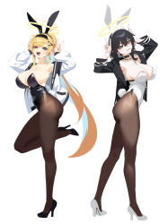 2girls absurdres animal_ears auriel_(behalter) behalter black_hair black_hairband black_leotard black_pantyhose black_shoes blonde_hair blue_eyes breasts cleavage commentary double_v english_commentary fake_animal_ears fake_tail hair_ornament hairband halo high_heels highres jacket large_breasts leg_up leotard long_hair looking_at_viewer multiple_girls open_clothes open_jacket open_mouth original pantyhose parted_lips playboy_bunny rabbit_pose raphael_(behalter) shoes short_hair simple_background standing standing_on_one_leg tail teeth v very_long_hair white_background white_jacket white_leotard white_shoes