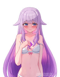 Rule 34 | 1girl, blush, bow, bow bra, bra, breasts, closed mouth, gem, gradient hair, highres, hololive, hololive english, jewel under eye, koseki bijou, multicolored hair, navel, pink hair, purple eyes, purple gemstone, purple hair, shiroyumin, simple background, small breasts, solo, strap slip, underwear, virtual youtuber, white background, white bra