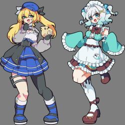 Rule 34 | 2girls, absurdres, blonde hair, blue boots, blue hat, boots, commission, dokibird (vtuber), dokibird (vtuber) (retro doki), dress, fingerless gloves, gloves, gradient hair, green eyes, green sleeves, hat, highres, indie virtual youtuber, kekeken, layered dress, maid, maid headdress, mint fantome, mint fantome (minto 2.0), multicolored hair, multiple girls, single leg pantyhose, sleeves past fingers, sleeves past wrists, triangular headpiece, twintails, two side up, virtual youtuber, white headdress