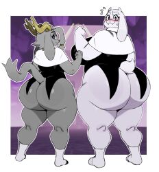 2girls :3 absurdres antlers ass blue_eyes blush bottomless breasts capelet coattails crossover detached_leggings embarrassed eric_lowery eyelashes from_behind furry goat_horns goat_tail grey_hair highres hooves horns huge_ass huge_breasts long_ears looking_at_viewer looking_back mature_female multiple_girls nervous_smile plump pseudoregalia rabbit_ears simple_background smile standing sweatdrop sybil_(pseudoregalia) thick_eyebrows thick_thighs thighs toriel undertale wide_hips