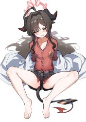 1girl absurdres ahoge armband bare_legs barefoot between_legs black_hair black_shorts blue_archive blush breasts coat collarbone demon_girl demon_horns demon_tail drill_hair feet full_body grin groin hair_spread_out halo highres horns hufy huge_ahoge kasumi_(blue_archive) long_hair long_sleeves looking_at_viewer no_panties off_shoulder open_clothes open_coat partially_visible_vulva red_shirt revision shirt short_shorts shorts simple_background sitting small_breasts smile smirk solo spread_legs tail tail_between_legs toes very_long_hair white_background white_coat yellow_eyes