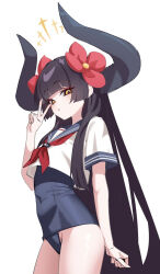 Rule 34 | 1girl, behalter, black hair, black horns, blue one-piece swimsuit, diein (djmax), djmax, djmax respect, flower, hair flower, hair ornament, halo, highres, horns, long hair, looking at viewer, neckerchief, one-piece swimsuit, orange halo, red flower, red neckerchief, school uniform, serafuku, shirt, short hair, simple background, solo, swimsuit, very long hair, white background, white shirt, yellow eyes