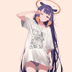 1girl absurdres alternate_costume bad_link blue_eyes center-flap_bangs cowboy_shot gawr_gura halo hand_up highres hololive hololive_english long_hair looking_at_viewer messy_hair mori_calliope ninomae_ina&#039;nis one_eye_closed orange_hair oversized_clothes oversized_shirt panties pantyshot parted_lips print_shirt purple_hair purple_panties rubbing_eyes shirt simple_background single_off_shoulder sleepy solo straight-on striped_clothes striped_panties takanashi_kiara takokatsu tentacle_hair traditional_halo underwear very_long_hair virtual_youtuber watson_amelia white_panties white_shirt