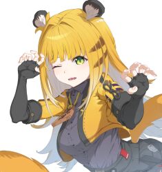 1girl animal_ear_fluff animal_ears blonde_hair breasts gloves highres jacket ju_fufu long_hair mokuren4 multicolored_hair shirt solo striped_fur striped_hair tail tiger_ears tiger_girl zenless_zone_zero