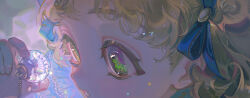 1girl ball blonde_hair blue_ribbon chain close-up commentary crystal glowing green_eyes hair_ribbon hand_up highres holding holding_pendant jewelry original parted_lips pendant ribbon solo sparkle tamomoko taro-k