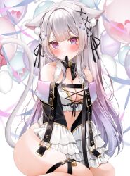 1girl animal_ear_fluff animal_ears balloon blush breasts cat_ears cat_girl cat_tail center-flap_bangs cleavage frilled_sleeves frills gradient_hair hair_ornament hair_ribbon halterneck heart heart_hair_ornament heart_sticker highres indie_virtual_youtuber large_breasts looking_at_viewer mashiro_meronya multicolored_hair off_shoulder ohagetty purple_eyes purple_hair ribbon second-party_source sidelocks sitting solo strap tail thigh_strap v_arms virtual_youtuber white_hair wide_sleeves