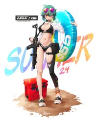 1girl ;p absurdres ammunition_pouch anklet aria_(jestami) artist_name assault_rifle belt black_choker black_panties black_sports_bra black_thighhighs box breast_tattoo breasts bright_pupils character_name choker clothes_writing commentary cowlick crossed_bangs english_commentary english_text eyewear_on_head feet full_body gluteal_fold green_hair gun hair_between_eyes highres holding holding_gun holding_weapon innertube jestami jewelry large_breasts lens_flare light_blush long_sleeves looking_at_viewer navel one_eye_closed original panties pouch purple-tinted_eyewear rifle sand sandals short_hair shrug_(clothing) single_thighhigh solo sports_bra standing sunglasses swim_ring tattoo text_background thigh_belt thigh_strap thighhighs tinted_eyewear toes tongue tongue_out trigger_discipline underwear underwear_writing water_drop weapon weapon_request white_background white_pupils yellow_eyes