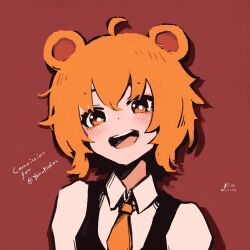 1girl :d absurdres animal_ears bartender bear_ears bear_girl black_vest collared_shirt commentary commissioner_name dated english_commentary highres looking_at_viewer necktie open_mouth orange_eyes orange_hair orange_necktie original portrait red_background rnna shirt short_hair signature simple_background smile solo vest white_shirt yan_(yan_kodiac)