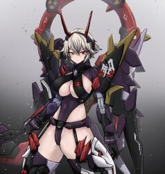 1girl absurdres auv_susanowo black_gloves black_leotard breasts cleavage clothing_cutout covered_navel gloves green_eyes grey_hair heterochromia highleg highleg_leotard highres holding holding_sword holding_weapon horns humanization large_breasts leotard looking_at_viewer mecha_musume megami_device red_eyes richeli_giulio short_hair solo sword thighhighs weapon
