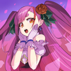 1girl :o asymmetrical_bangs bare_shoulders commentary diamond_earrings dress earrings flower frilled_dress frilled_gloves frilled_sleeves frills gloves green_ribbon hair_flower hair_ornament hands_on_own_face hands_up highres itsumeee3 jewelry live_union long_hair looking_at_viewer multicolored_hair open_mouth orange_eyes petals pink_background pink_dress pink_hair pink_petals purple_background purple_dress purple_gloves purple_sleeves red_flower red_streaks ribbon ruri_enma_(live_union) solo streaked_hair teeth thick_eyebrows two-tone_background two-tone_dress two_side_up upper_body upper_teeth_only very_long_hair virtual_youtuber