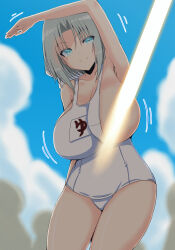 1girl arm_up armpits artist_request bare_shoulders blue_eyes blush bow breasts breasts_out cleavage collarbone grey_hair groin hair_bow highres light_censor looking_at_viewer one-piece_swimsuit outdoors school_swimsuit senran_kagura short_hair sky smile solo swimsuit thighs white_one-piece_swimsuit white_school_swimsuit yumi_(senran_kagura)