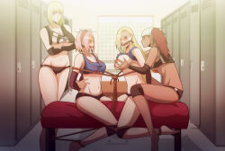 Rule 34 | 4girls, absurdres, arms under breasts, ball gag, bdsm, bench, blonde hair, blue eyes, blunt bangs, bondage, bound, bound arms, bound legs, bound together, bound torso, breasts, closed mouth, clothes lift, commission, crossed arms, detached sleeves, drooling, ear piercing, earrings, female focus, gag, grabbing another&#039;s breast, grabbing from behind, green eyes, groping, hairband, haruno sakura, highres, indoors, indy rique, jewelry, karui (naruto), knee pads, large breasts, legs together, locker, locker room, long hair, medium breasts, multiple girls, naruto (series), naruto shippuuden, navel, nipples, piercing, pink hair, red hair, red hairband, rope, saliva, samui (naruto), shibari, shirt lift, short hair, sitting, smile, sportswear, standing, thighs, underboob, volleyball uniform, yamanaka ino
