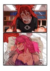 Rule 34 | 2girls, between legs, bite mark, bite mark on breast, bite mark on neck, black shirt, blush, bra, breath, hickey, highres, indoors, jinx (league of legends), kid sppinarl, league of legends, licking lips, long hair, lux (league of legends), multiple girls, open mouth, pillow, pink hair, purple bra, red eyes, red hair, shirt, star guardian (league of legends), star guardian jinx, star guardian lux, tongue, tongue out, underwear, yuri