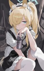 Rule 34 | 1girl, absurdres, alcohol, alternate costume, alternate hairstyle, animal ear fluff, animal ears, beer, between legs, black overalls, blonde hair, blue archive, blue eyes, blush, chinese commentary, clenched teeth, commentary request, dog ears, dog girl, drink, enmaided, fang5hine, feet out of frame, hair over one eye, hairband, hand between legs, highres, holding, holding drink, kanna (blue archive), long hair, looking at viewer, maid, maid headdress, overalls, ponytail, sharp teeth, sidelocks, sitting, solo, sweatdrop, teeth, thighhighs, white hairband, white thighhighs, zettai ryouiki