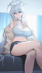 1girl absurdres ahoge animal_ear_fluff animal_ears bare_shoulders black_choker blue_archive blurry blurry_background breasts broken_halo choker cleavage closed_mouth commentary_request cross cross_hair_ornament crossed_legs dark_halo extra_ears grey_hair hair_ornament halo highres indoors inverted_cross large_breasts long_hair long_sleeves looking_at_viewer midriff mismatched_pupils puffy_long_sleeves puffy_sleeves shiroko_(blue_archive) shiroko_terror_(blue_archive) sitting solo tank_top thighs very_long_hair white_tank_top wolf_ears wolf_girl yuku~