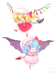 2girls ;) bat_wings blonde_hair blue_hair boots bright_pupils brooch chibi chibi_only chinese_commentary closed_mouth colored_eyelashes commentary_request dated dress fang ffydydgfhsfhfydyfydydydufufufu flandre_scarlet frilled_dress frills hair_between_eyes highres jewelry laevatein_(touhou) medium_hair multiple_girls neckerchief one_eye_closed open_mouth orange_neckerchief pink_boots pink_shirt pink_skirt puffy_short_sleeves puffy_sleeves purple_wings red_dress red_eyes red_shoes remilia_scarlet ribbon-trimmed_headwear ribbon-trimmed_skirt ribbon_trim sailor_collar sailor_dress shirt shoes short_sleeves simple_background skirt skirt_set smile touhou white_background white_pupils white_sailor_collar wings
