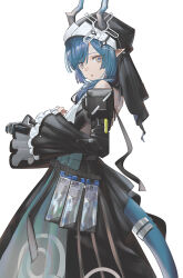 1girl :o arknights arknights:_endfield ascot bare_shoulders black_dress black_gloves black_sleeves black_veil blue_eyes blue_hair blue_tail brown_eyes commentary_request demon_horns detached_sleeves dress earrings frilled_sleeves frills from_side gloves grey_horns hands_up highres horns jewelry long_hair looking_at_viewer looking_back multicolored_eyes parted_bangs pointy_ears sideways_glance simple_background single_glove sleeveless sleeveless_dress solo star-shaped_pupils star_(symbol) symbol-shaped_pupils tail tail_ornament tail_ring two-tone_eyes veil white_ascot white_background xaihi_(arknights) yamamura_saki