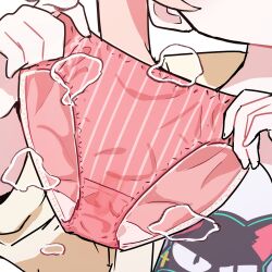 Rule 34 | 1girl, blue archive, highres, himitsu ni shitoite ageru, holding, holding panties, holding underwear, holding unworn clothes, long hair, natsu (band) (blue archive), natsu (blue archive), panties, pink hair, pink panties, presenting removed panties, simple background, stained panties, steam, steaming clothes, underwear, white background