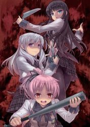 Rule 34 | 3girls, :d, arisue haruka, baseball bat, black hair, black legwear, black ribbon, blood, blood splatter, blue eyes, blunt bangs, braid, eyes visible through hair, hair ribbon, harem tengoku da to omottara yandere jigoku datta, highres, hiiro yuki, holding, holding weapon, knife, long hair, miyasu sayuri, multiple girls, official art, open mouth, pantyhose, pink hair, plaid clothes, plaid skirt, pleated skirt, ponytail, purple eyes, red background, red eyes, ribbon, round teeth, school uniform, scissors, shaded face, silver hair, skirt, smile, teeth, toutomi kanna, weapon, yandere